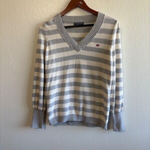 Polo Jeans Co Women's Gray White Striped V Neck Sweater Flag Preppy Knit